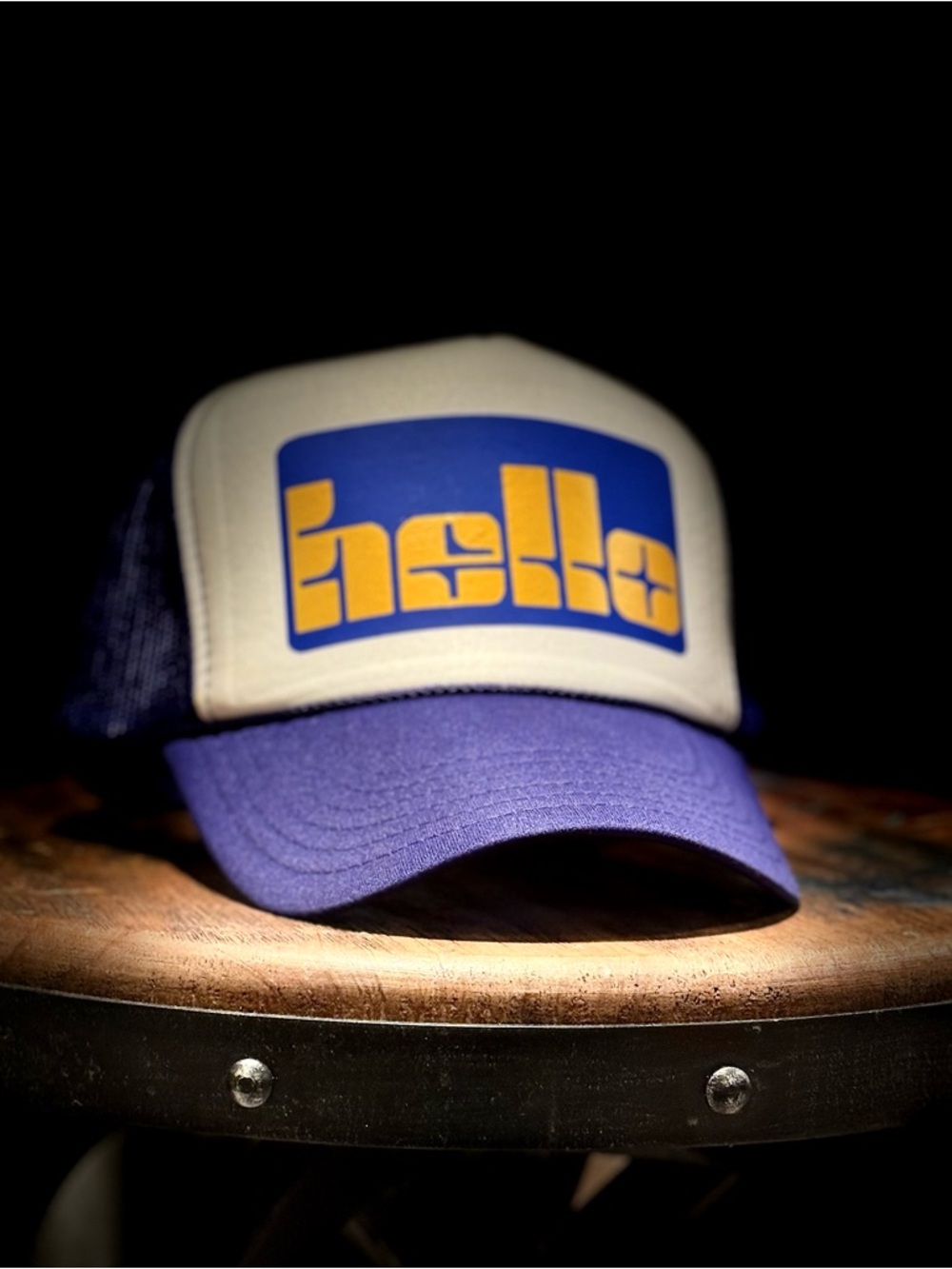 Hello Trucker Hat in Cream and Royal Blue